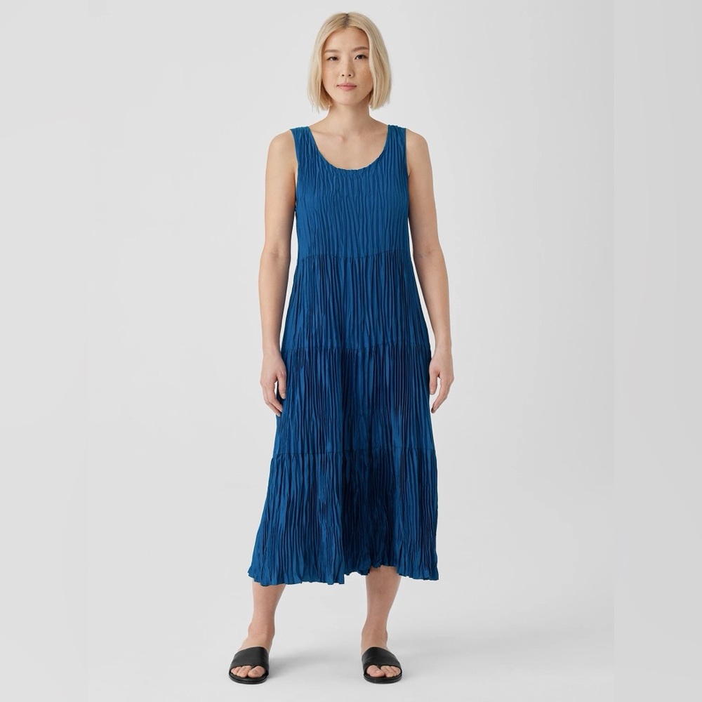 Eileen Fisher Crushed Silk Tiered Blue Dress